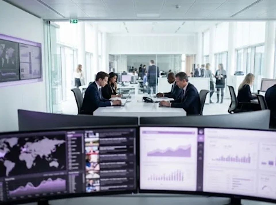 Newsroom team monitoring media coverage on large screens