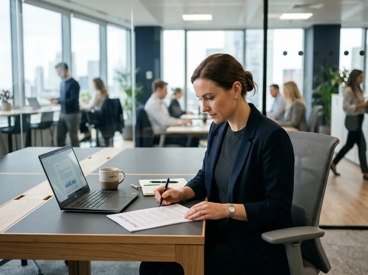 Communications professional reviewing a press release in a corporate office
